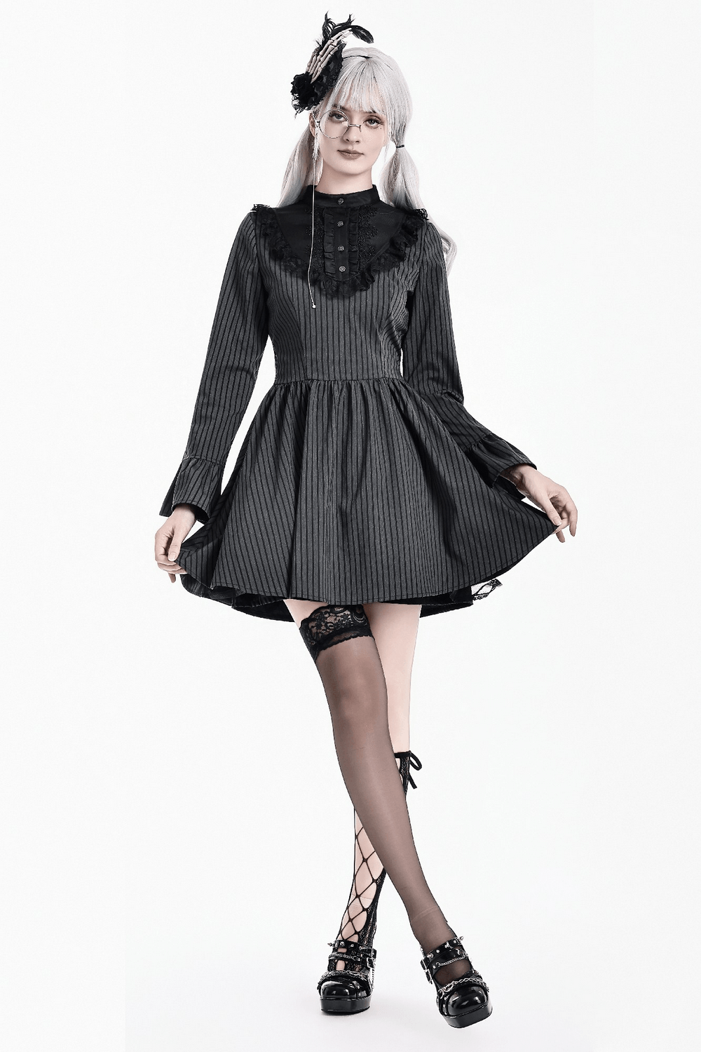 Striking Lace Bib Pinstripe Long Sleeved Flared Mini Dress with ruffle cuffs and gothic styling