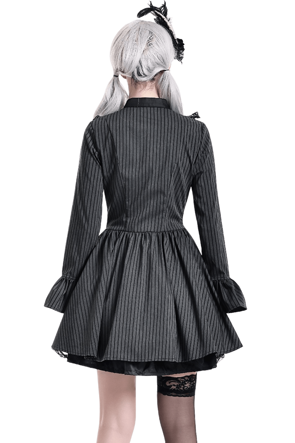 Striking Lace Bib Pinstripe Long Sleeved Flared Mini Dress black back view with ruffle cuffs and gathered skirt