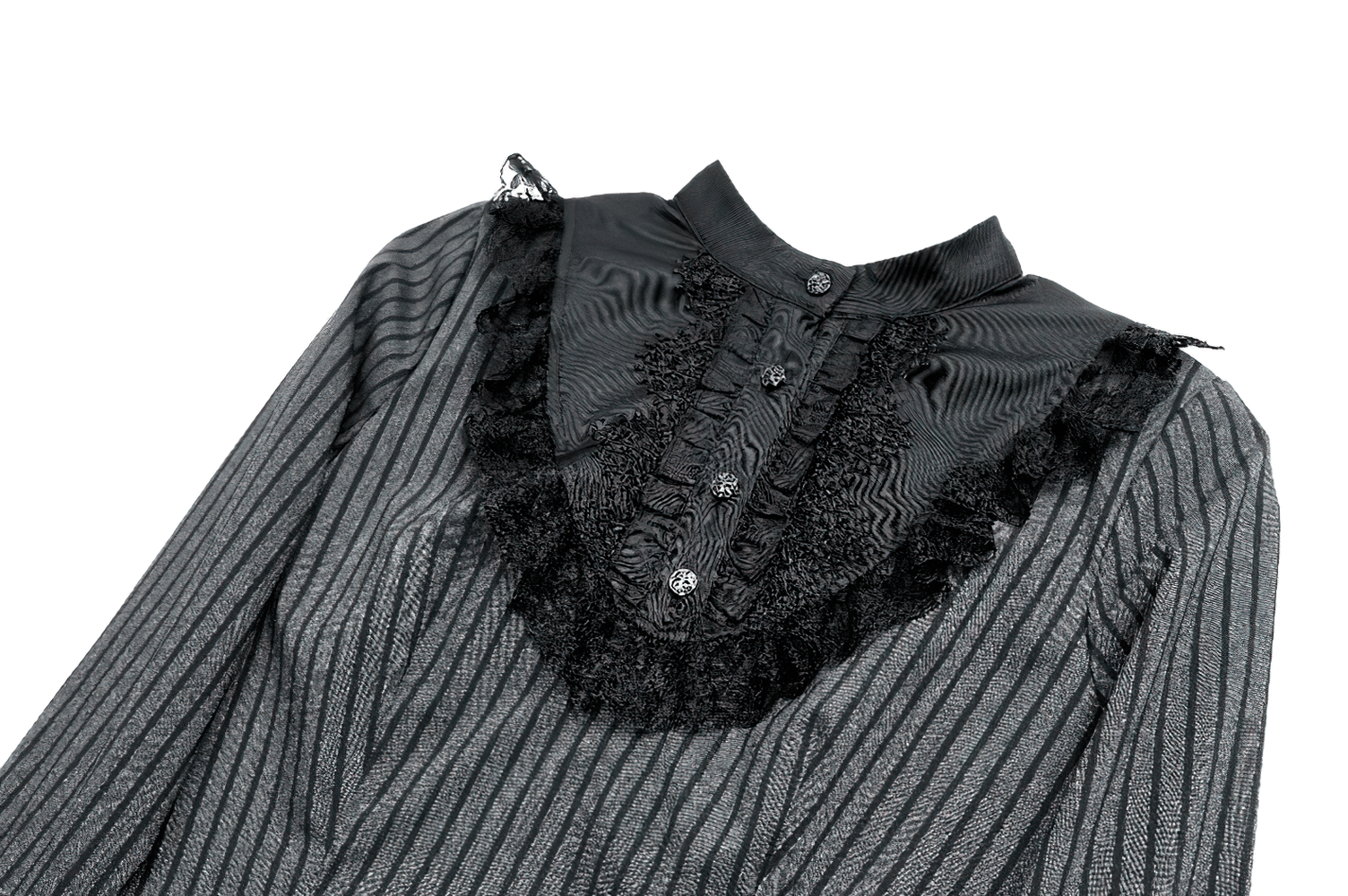 Striking Lace Bib Pinstripe Long Sleeved Flared Mini Dress, black women's ruffle cuff high neck skater mini dress