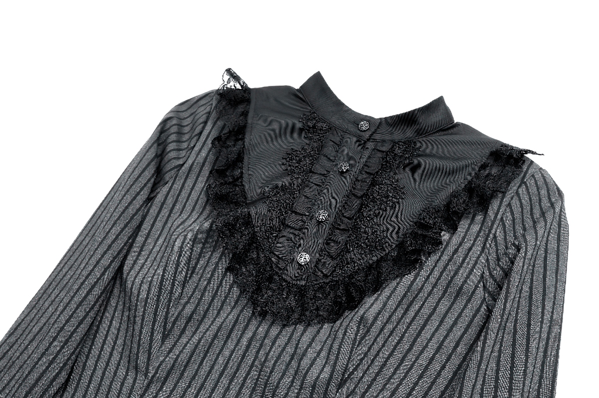 Striking Lace Bib Pinstripe Long Sleeved Flared Mini Dress, black women's ruffle cuff high neck skater mini dress
