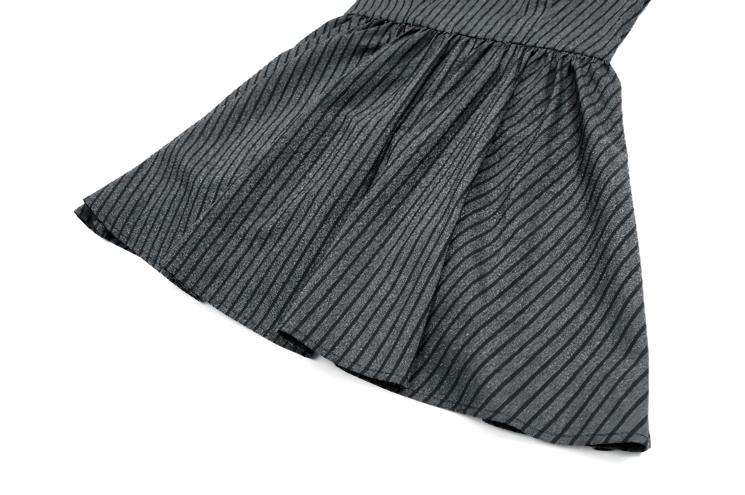 Striking Lace Bib Pinstripe Long Sleeved Flared Mini Dress with gathered skirt and flared cuffs