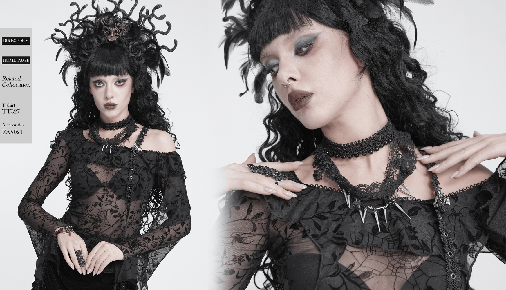 Striking Lace Choker Necklace with Spikes and Cross Charms showcased in a gothic outfit with layered lace details.