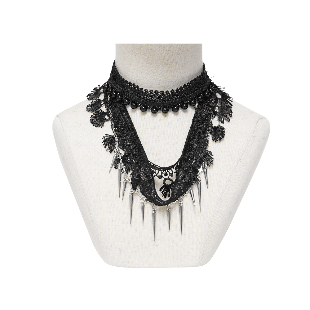 Striking Lace Choker Necklace with Spikes and Cross Charms displayed on a mannequin, showcasing intricate black lace and spikes.