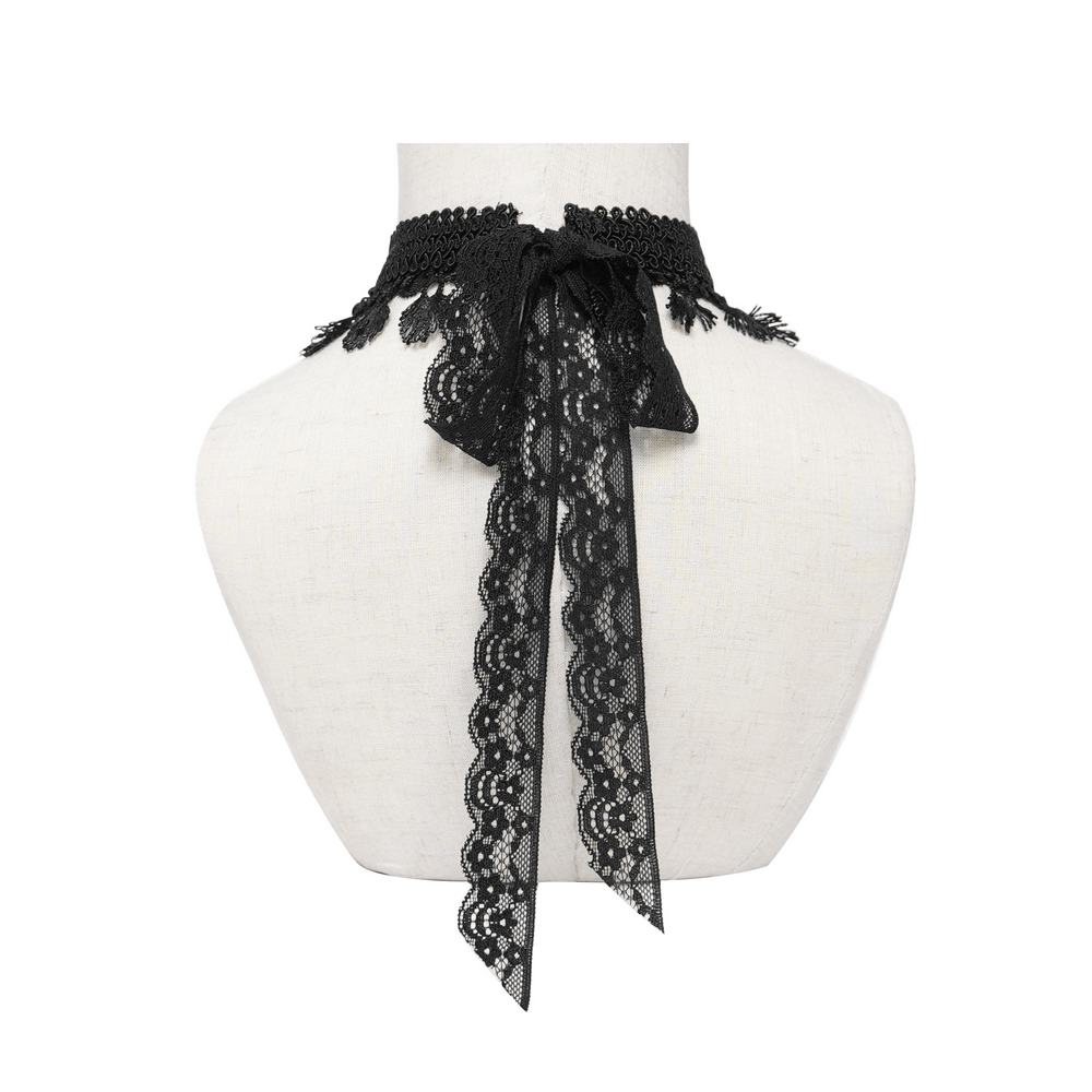 Striking Lace Choker Necklace with Spikes and Cross Charms featuring black lace and adjustable ribbon tie.