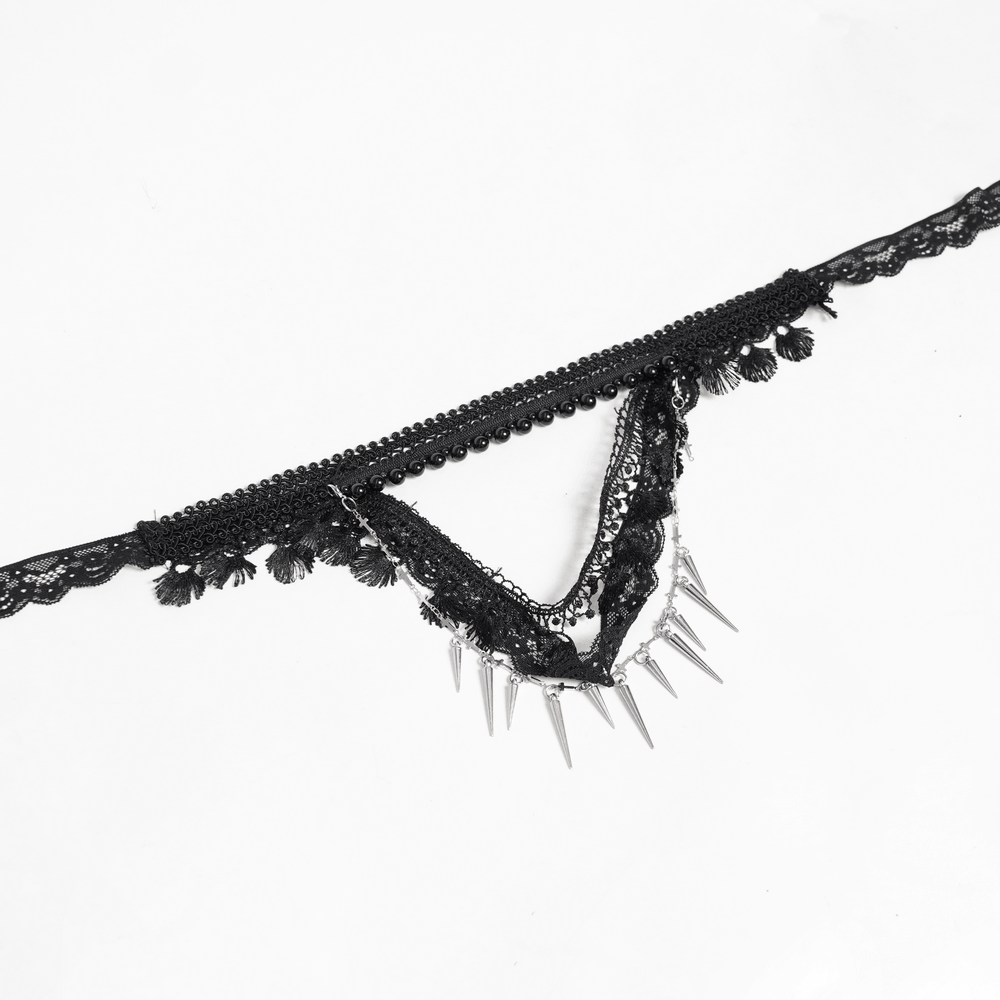Striking Lace Choker Necklace with Spikes and Cross Charms featuring layered lace and beads.