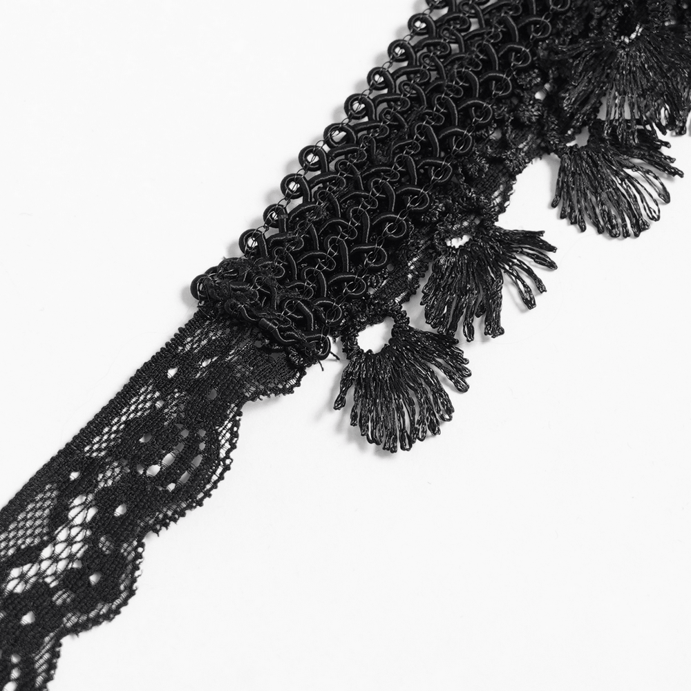 Striking Lace Choker Necklace with Spikes and Cross Charms close-up showcasing intricate black lace and beaded details.