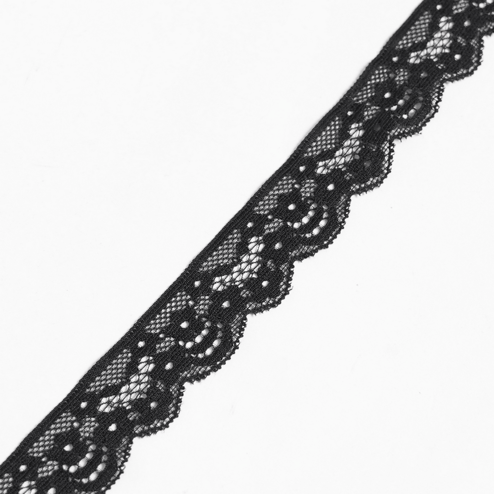 Striking Lace Choker Necklace with Spikes and Cross Charms - black lace detail showcasing intricate design.
