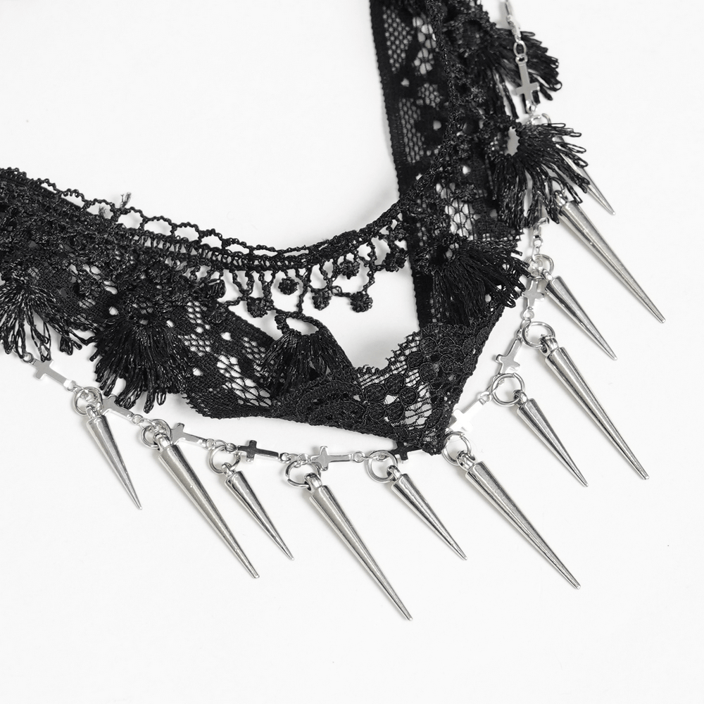 Striking Lace Choker Necklace with Spikes and Cross Charms featuring layered lace and silver-tone spikes.