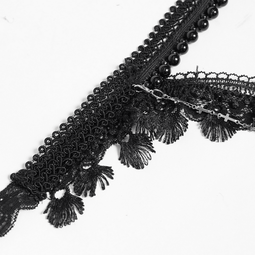 Striking Lace Choker Necklace with Spikes and Cross Charms featuring black lace, beads, and cross accents.