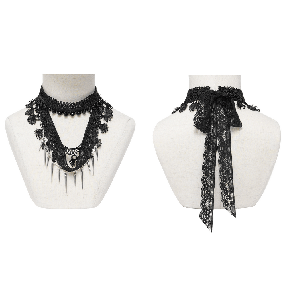 Striking Lace Choker Necklace with Spikes and Cross Charms featuring layered lace and adjustable ribbon tie.