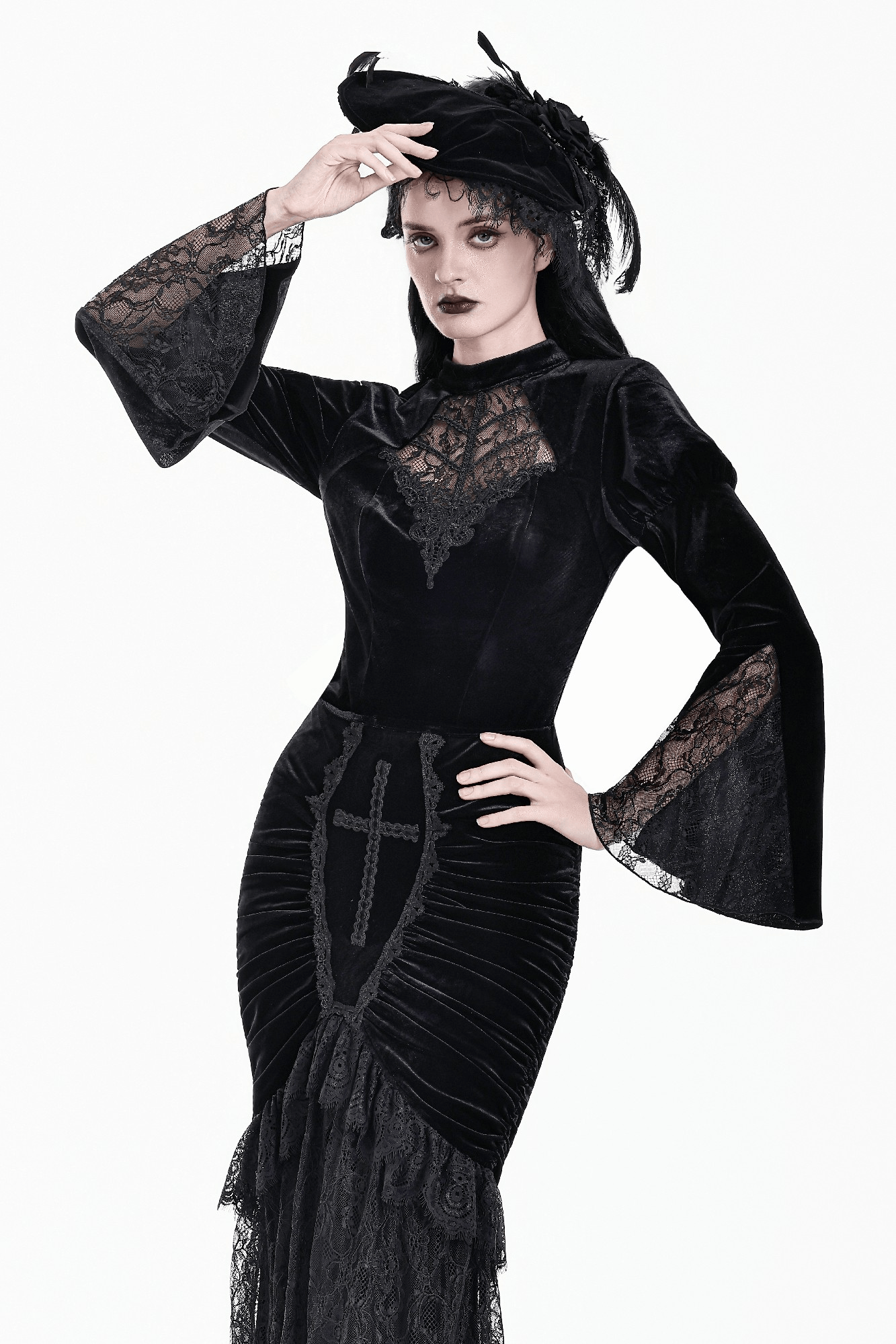 Striking Lace Flare Sleeved Velvet Top for Women in black gothic style with lace details and dramatic bell sleeves
