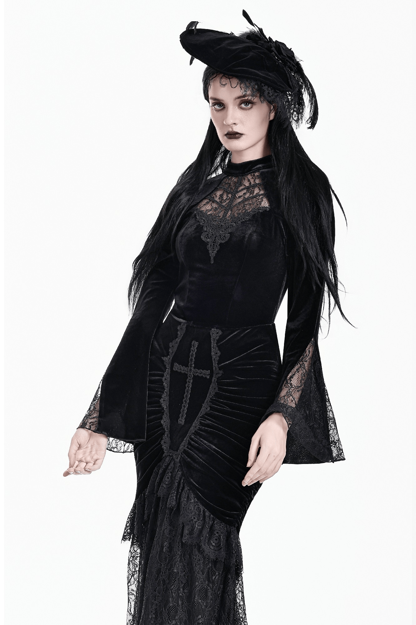 Striking Lace Flare Sleeved Velvet Top for Women, gothic black velvet blouse with sheer lace chest and bell sleeves