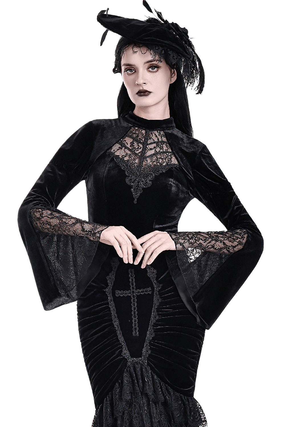 Striking Lace Flare Sleeved Velvet Top for Women, gothic black blouse with choker neckline and dramatic bell sleeves