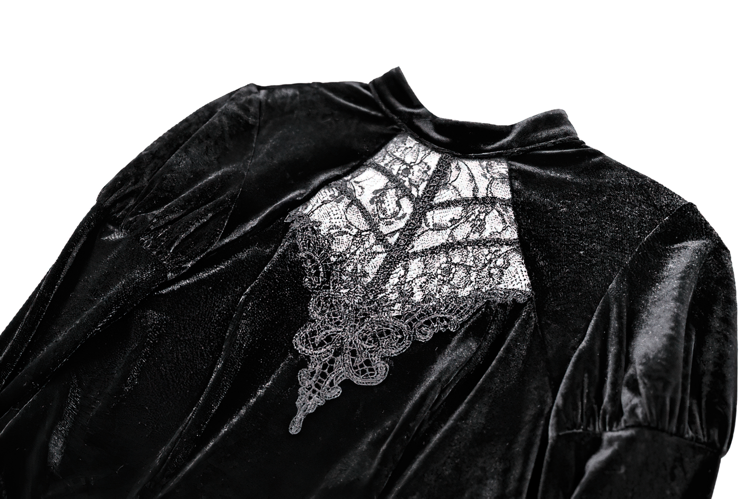 Striking Lace Flare Sleeved Velvet Top for Women, gothic black velvet blouse with lace chest panel and bell sleeves