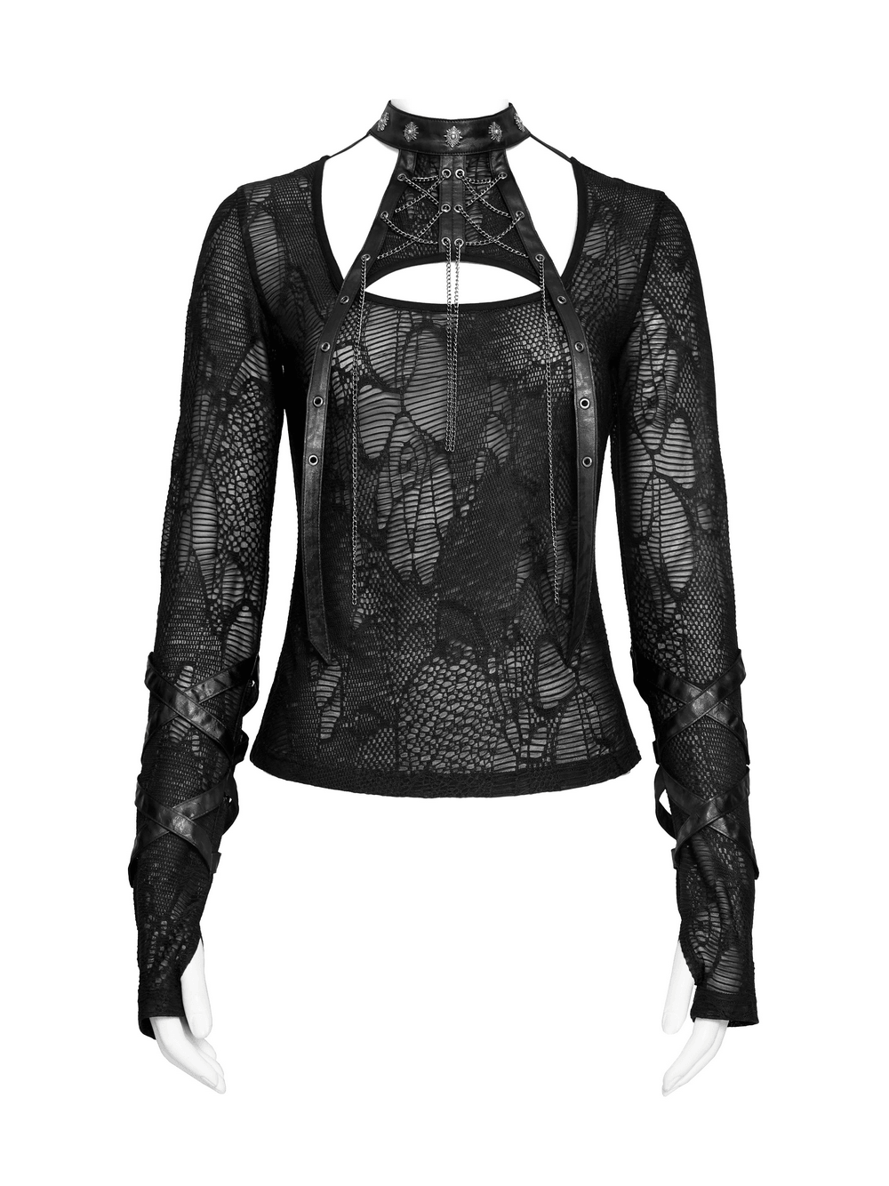 Llamativa camiseta de malla de manga larga con arnés en el cuello