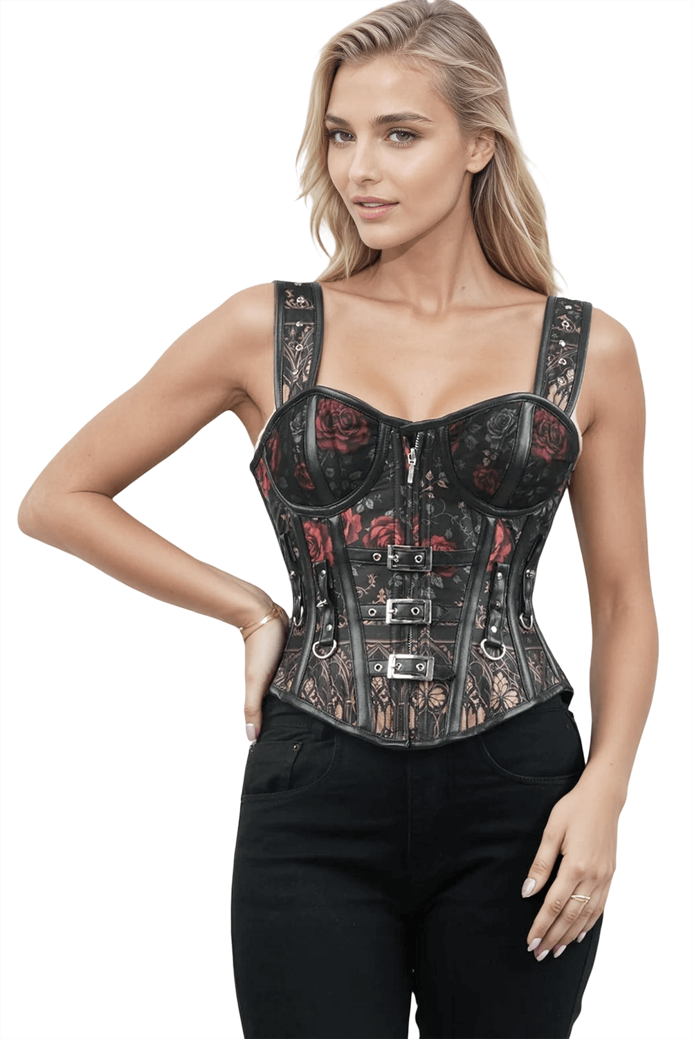 Striking Overbust Corset with Buckles and Floral Print worn by a model showcasing its intricate design.