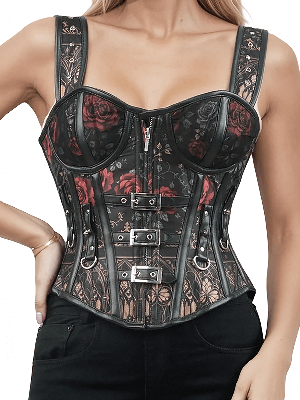 Striking Overbust Corset with Buckles and Floral Print showcasing faux leather and baroque rose design.