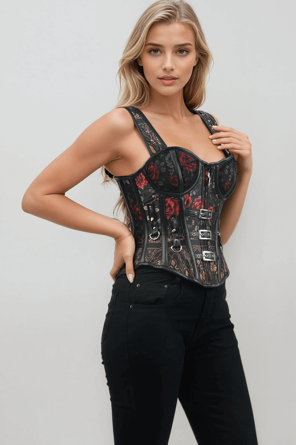 Striking Overbust Corset with Buckles and Floral Print worn by model, featuring baroque roses and faux leather trims.
