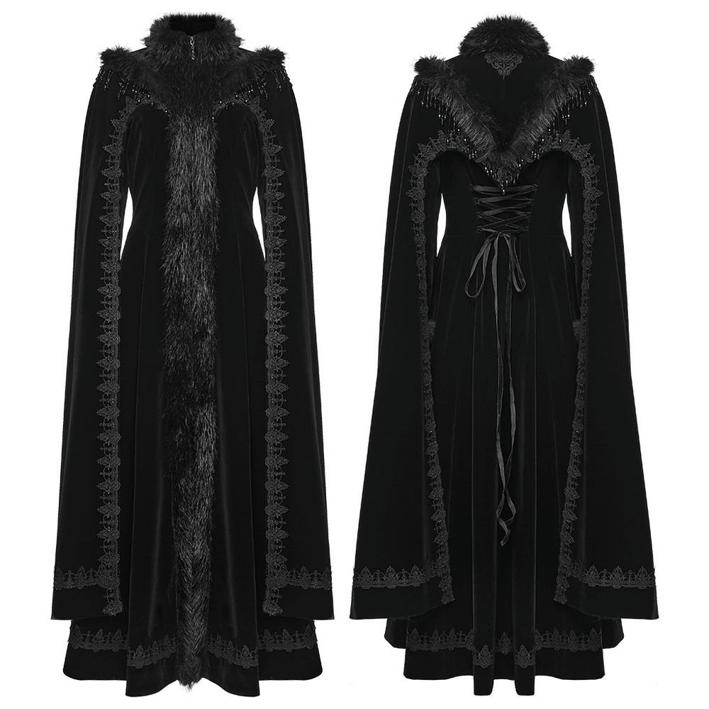 Striking Velvet Cloak Coat with Fur Trim and Tassel Chains showcasing luxurious black velveteen design and intricate detailing.