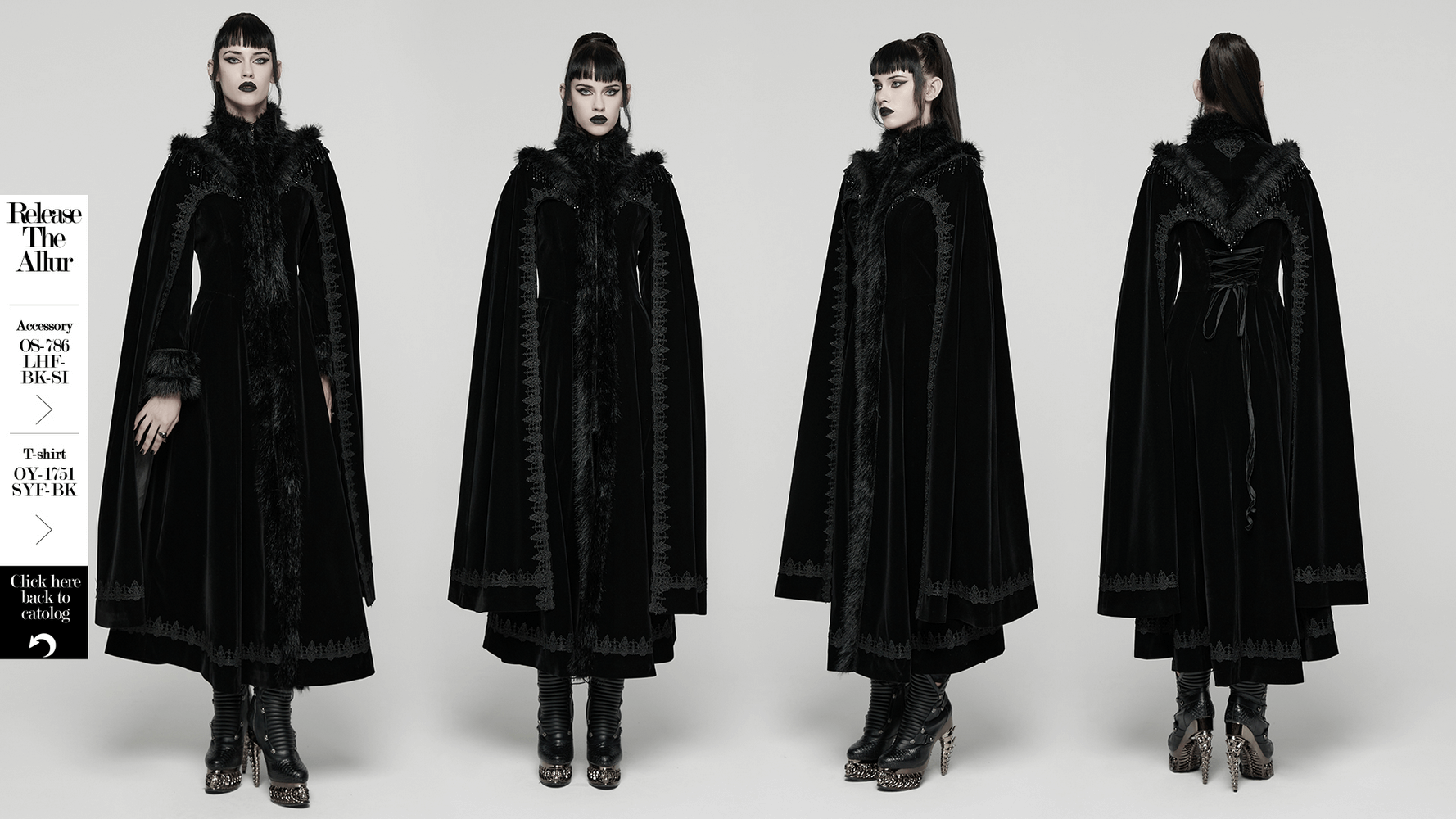 Striking Velvet Cloak Coat with Fur Trim and Tassel Chains showcased on a model in a stunning gothic style outfit.