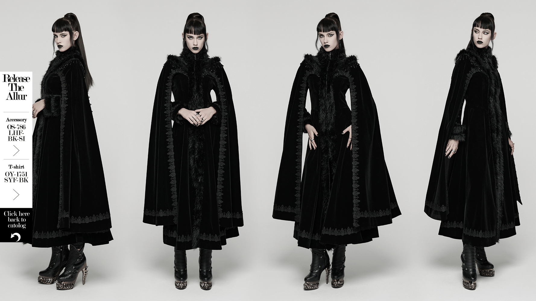 Striking Velvet Cloak Coat with Fur Trim and Tassel Chains showcased in gothic style with elegant details and plush trim.