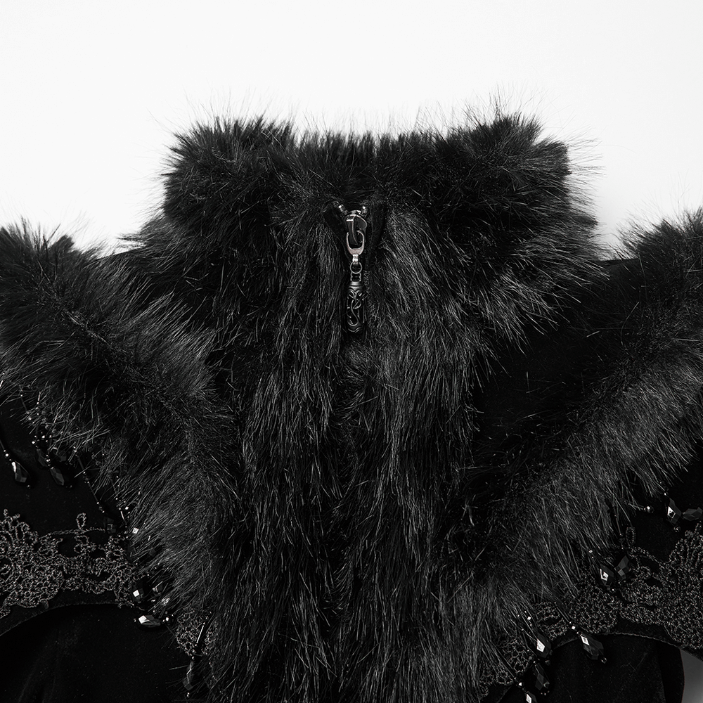 Striking Velvet Cloak Coat with Fur Trim and Tassel Chains close-up of fur collar and bead details