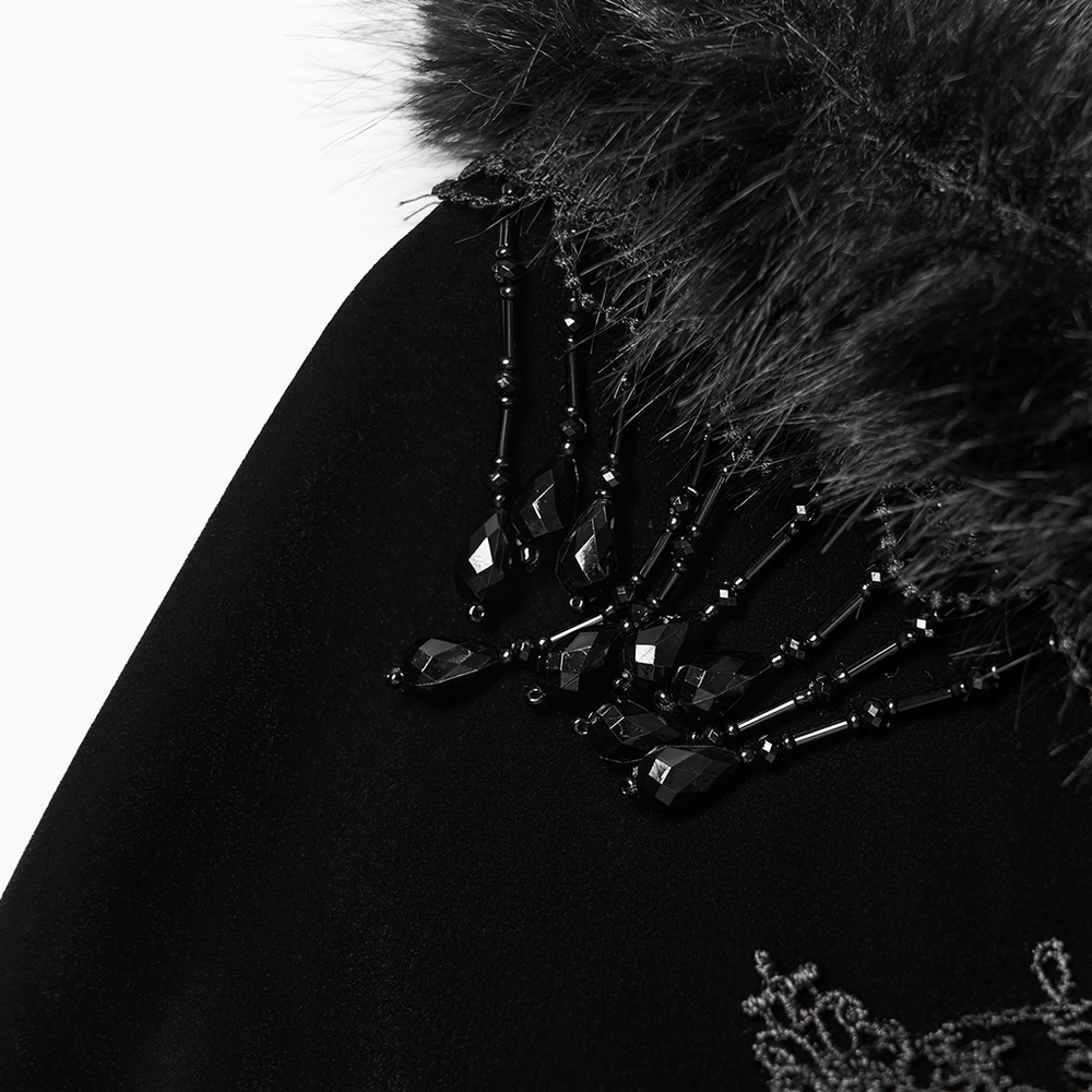 Striking Velvet Cloak Coat with Fur Trim and Tassel Chains showcasing plush strips and bead details.