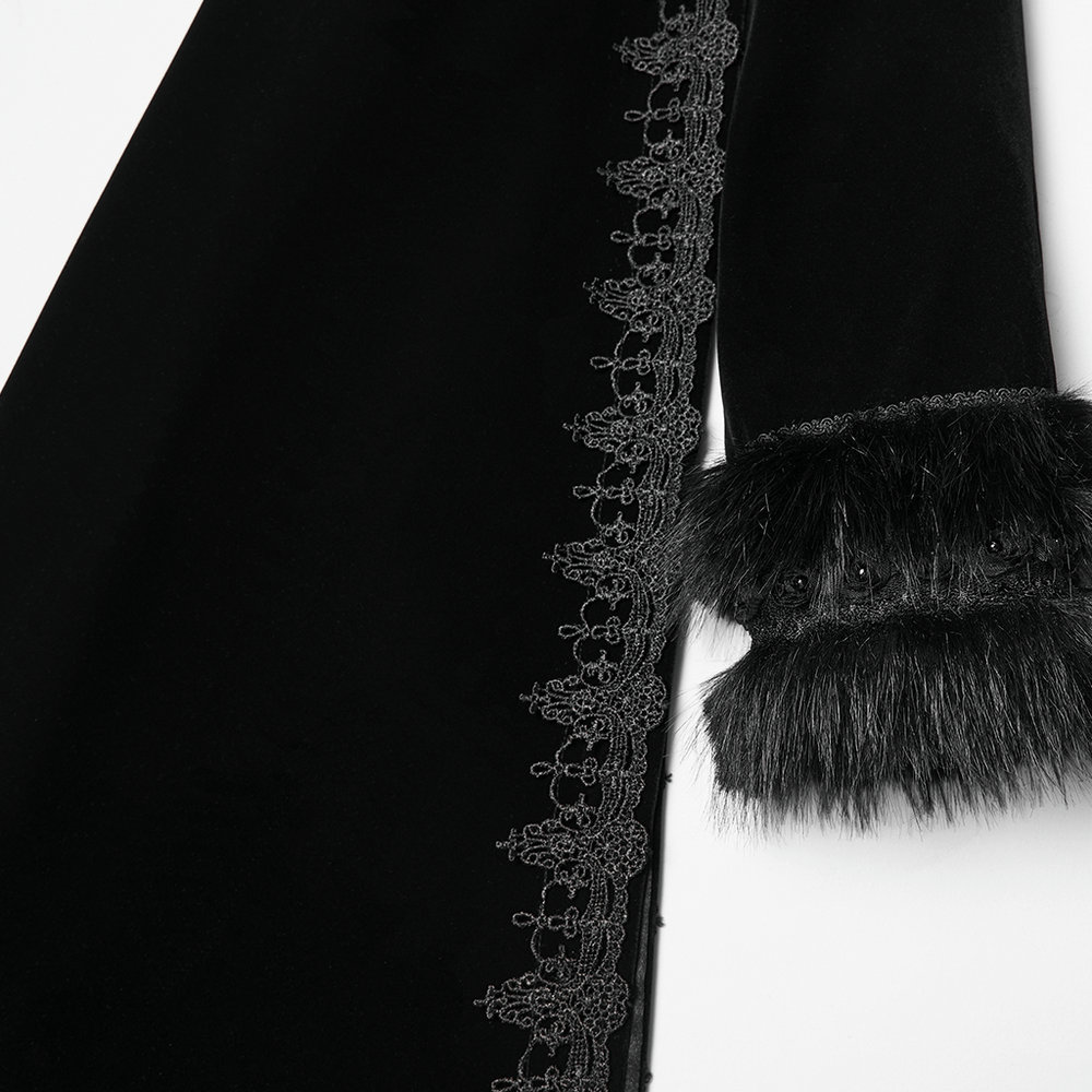 Striking Velvet Cloak Coat with Fur Trim and Tassel Chains showcasing intricately detailed lace and plush fur.
