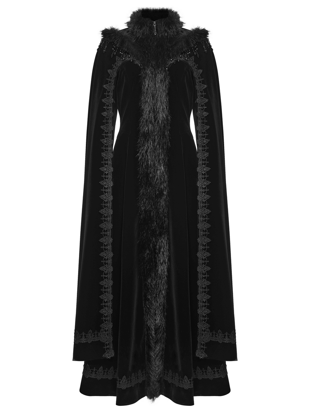 Striking Velvet Cloak Coat with Fur Trim and Tassel Chains featuring plush details and elegant design.