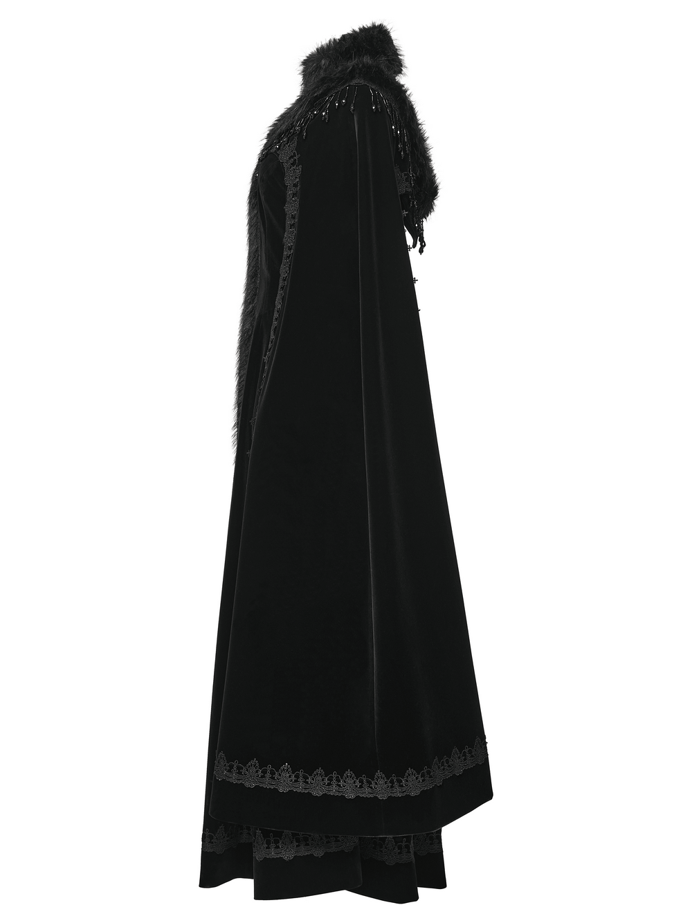 Striking Velvet Cloak Coat with Fur Trim and Tassel Chains showcasing its elegant side profile and intricate bead details.