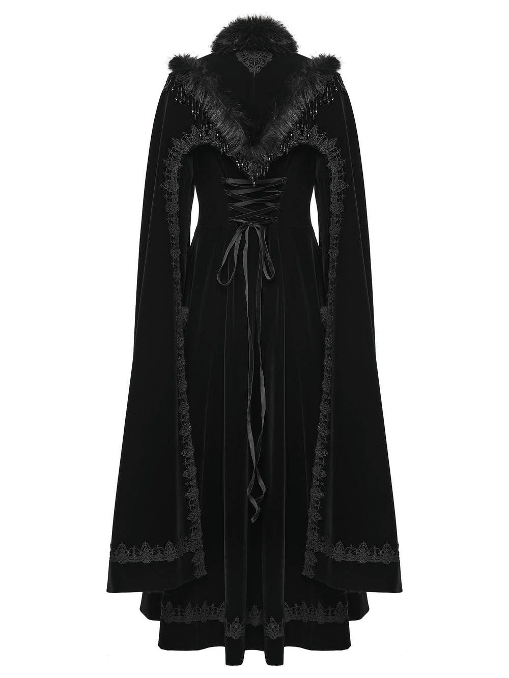 Striking Velvet Cloak Coat with Fur Trim and Tassel Chains showcasing gothic elegance and plush details.