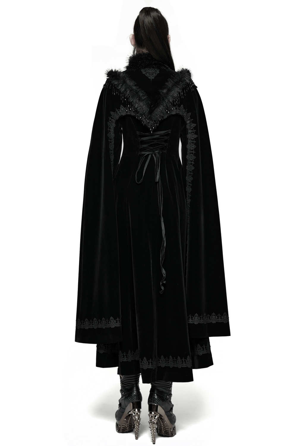 Striking Velvet Cloak Coat with Fur Trim and Tassel Chains shown from the back, featuring a gothic design and luxurious fabric.