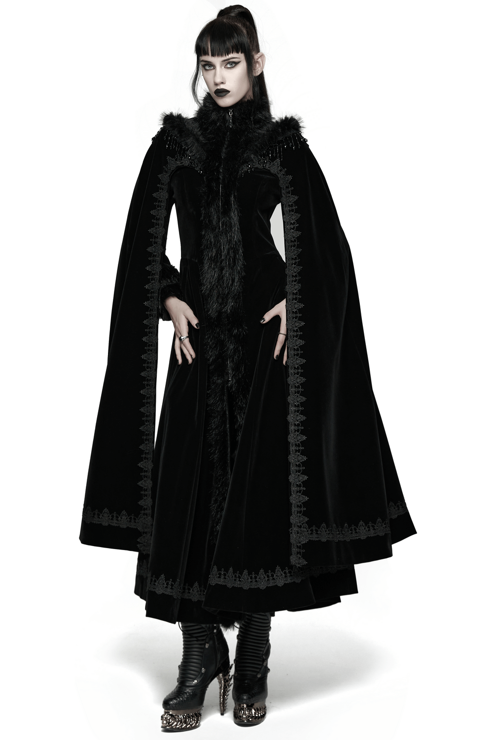 Striking Velvet Cloak Coat with Fur Trim and Tassel Chains on model showcasing gothic elegance and intricate details.