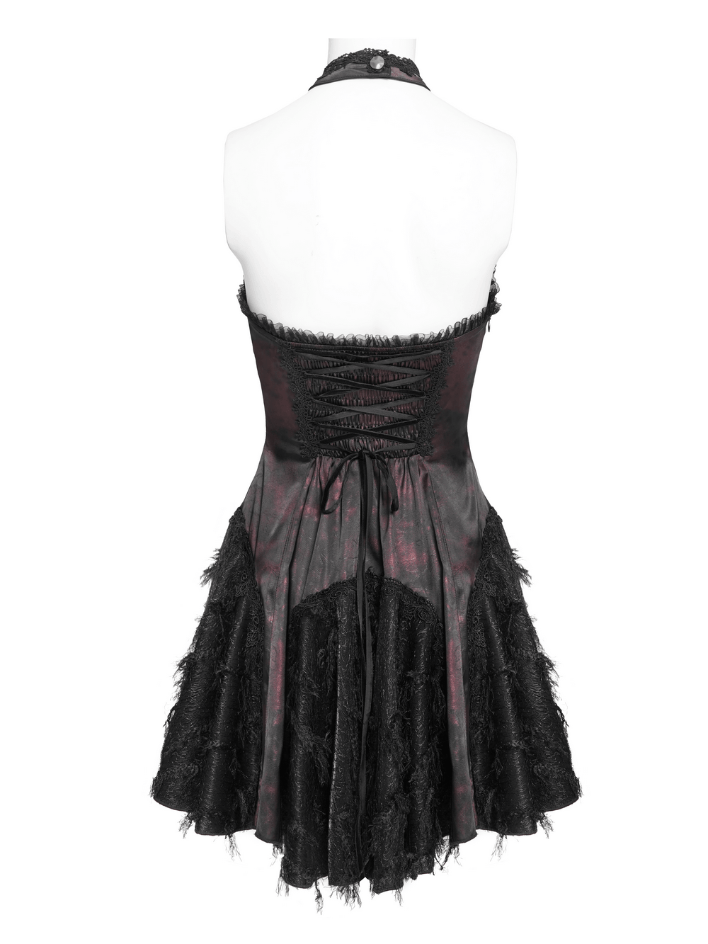 Back view of Striking Women's Halter Mini Dress with Corset Lacing Detail featuring lace-up corset and flared skirt.