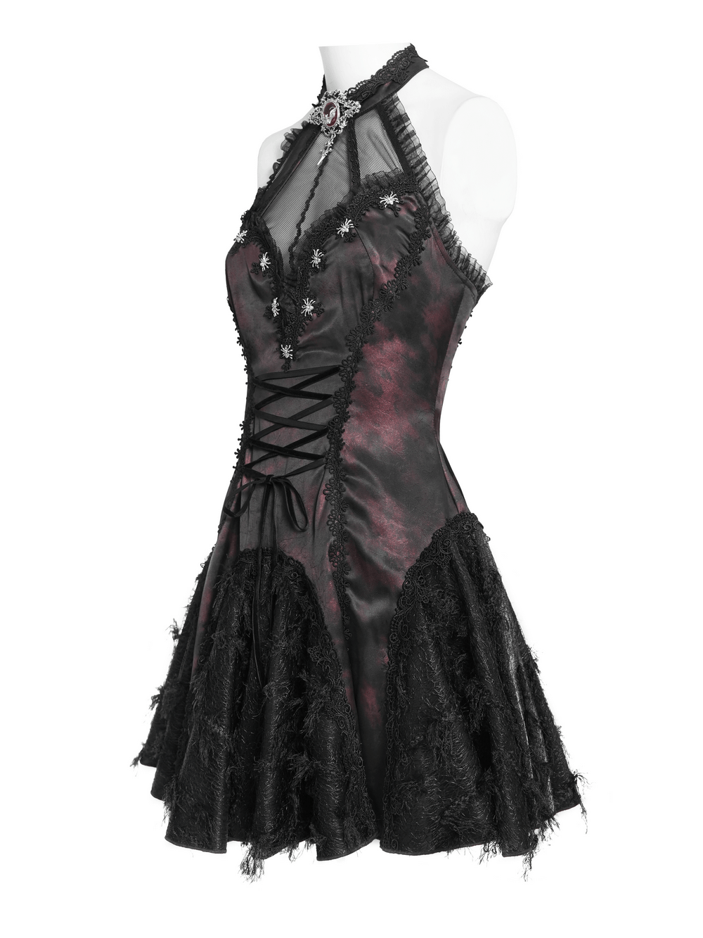 Striking Women's Halter Mini Dress with Corset Lacing Detail featuring lace trim and a dark marbled finish.