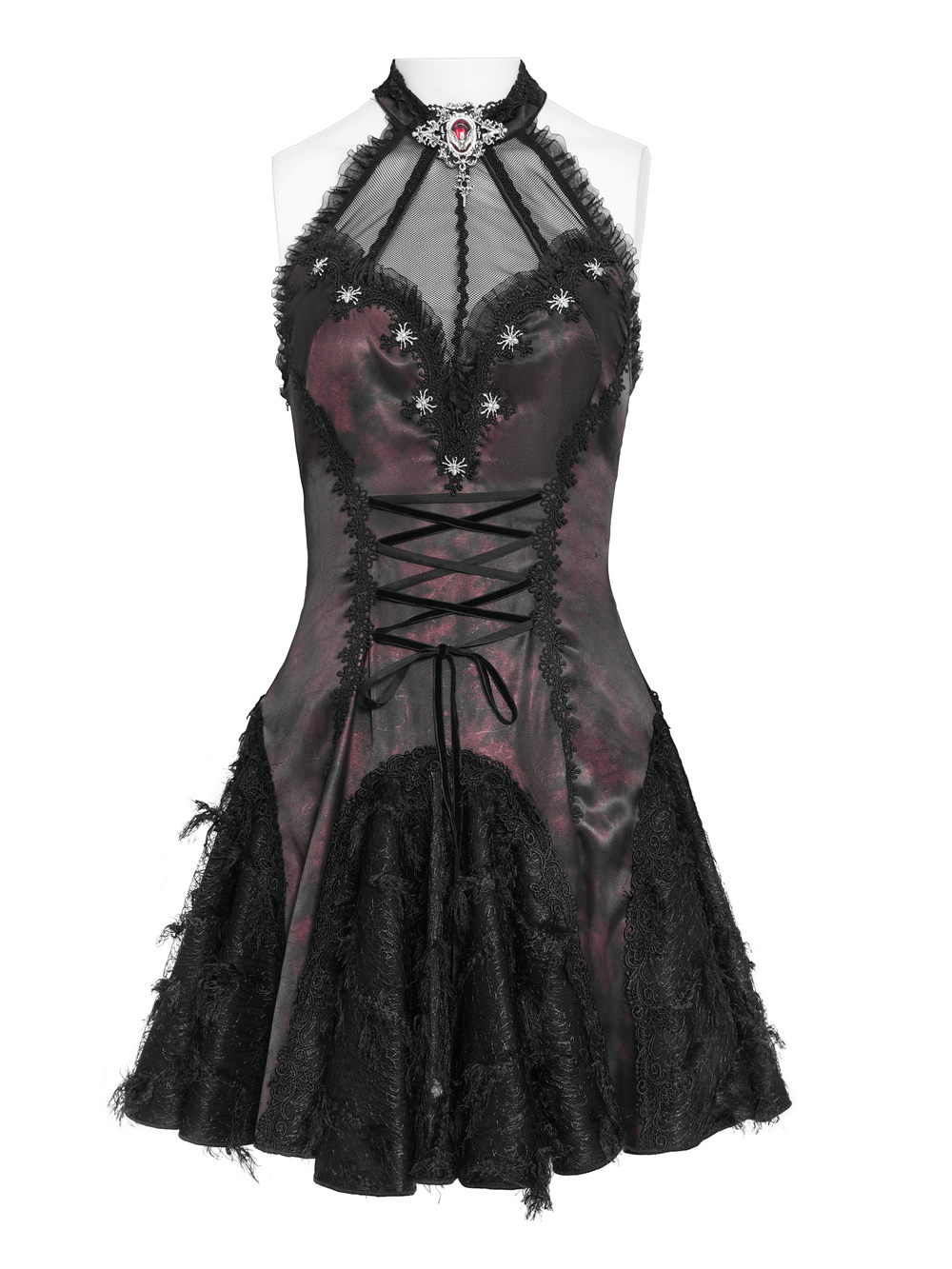 Striking Women's Halter Mini Dress with Corset Lacing Detail featuring dark lace trim and jeweled neckline.