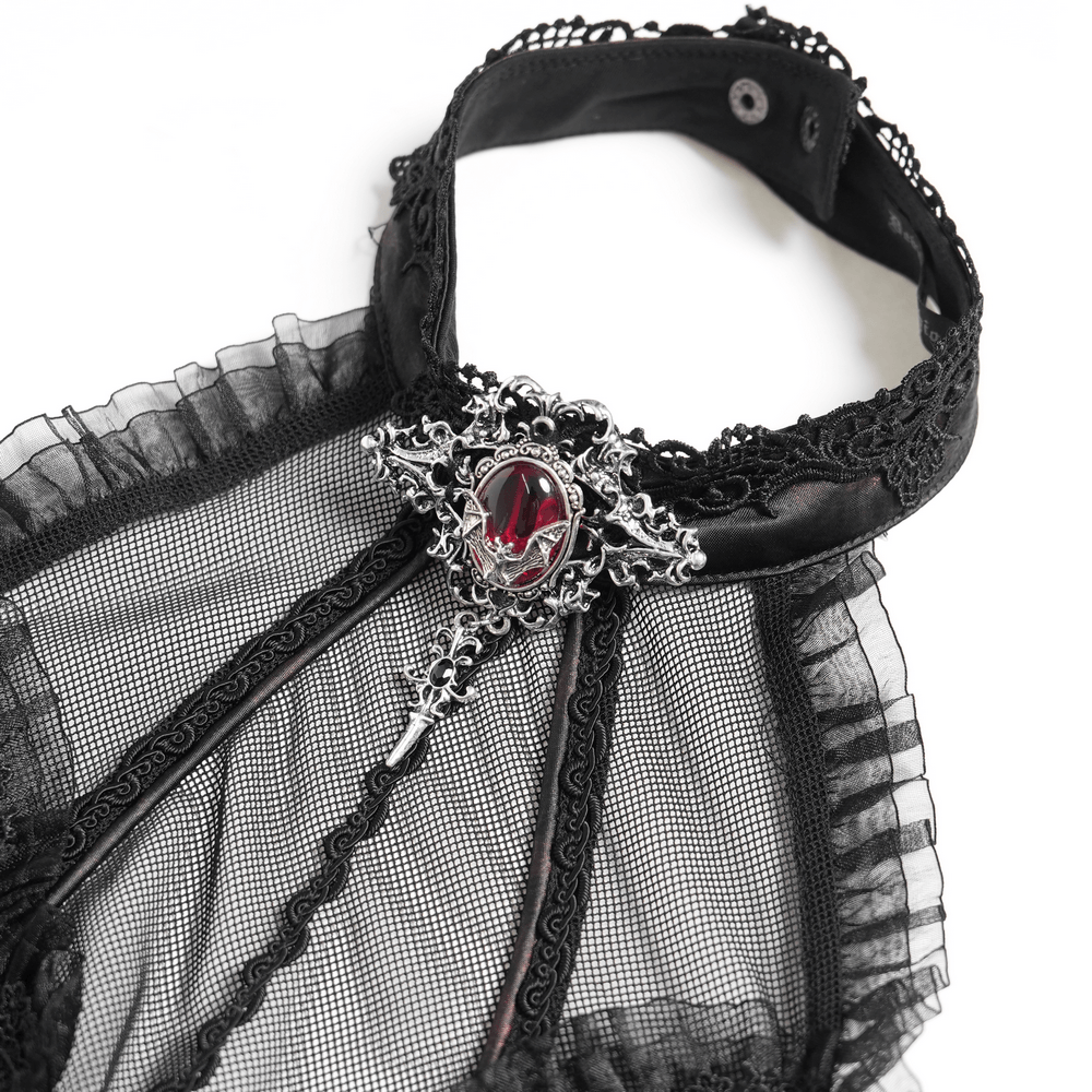 Striking Women's Halter Mini Dress with Corset Lacing Detail featuring gothic lace trim and jeweled neckline accent.