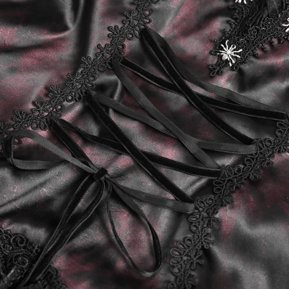 Striking Women's Halter Mini Dress with Corset Lacing Detail showing corset lacing and lace trim detail.