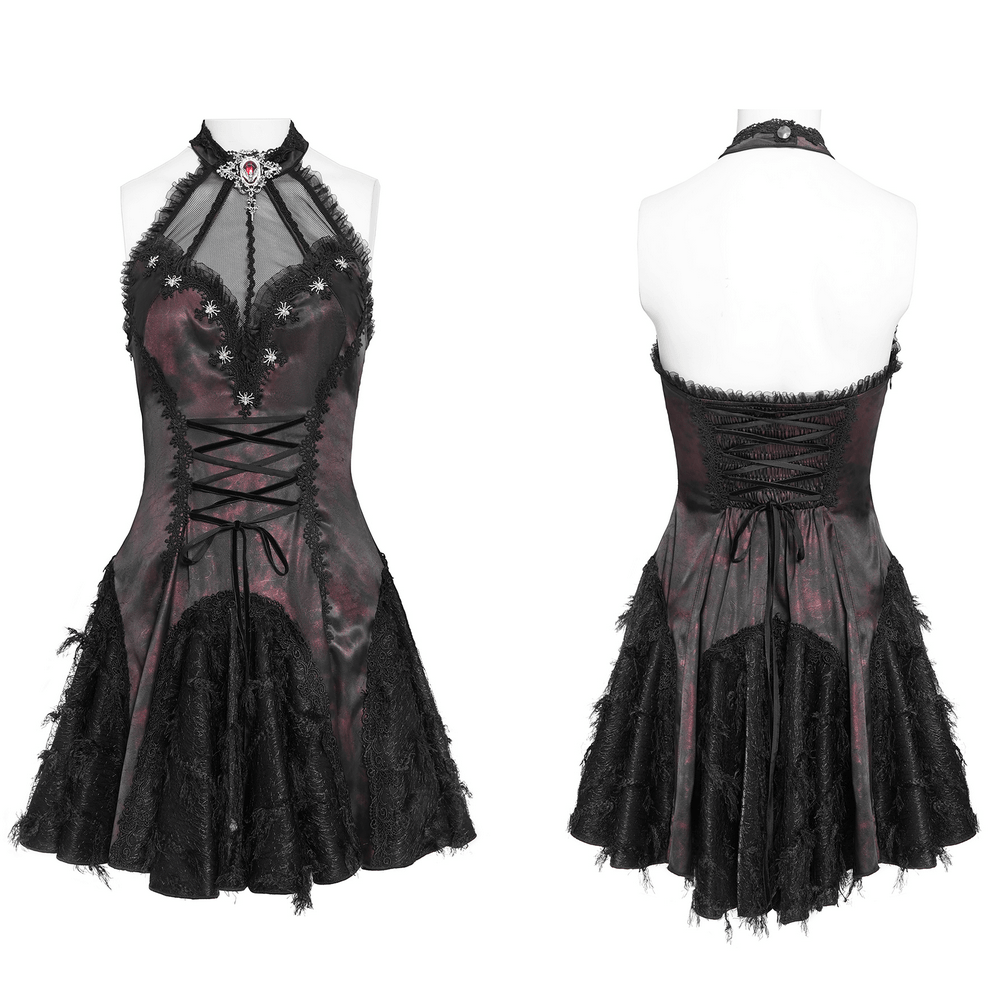 Striking Women's Halter Mini Dress with Corset Lacing Detail featuring lace trim and mesh yoke, perfect for gothic occasions.
