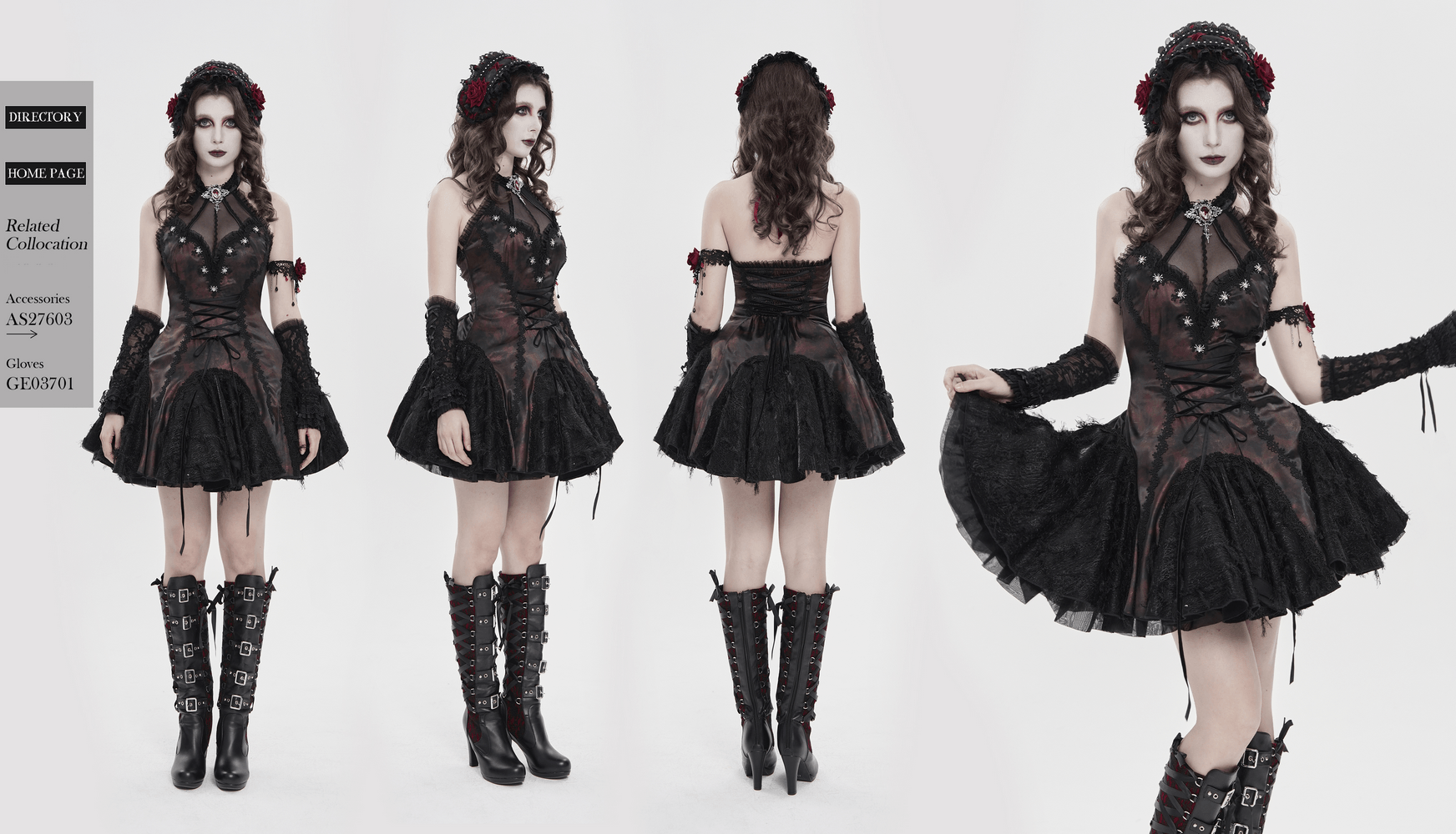 Striking Women's Halter Mini Dress with Corset Lacing Detail worn by model showcasing gothic style and dramatic movement.