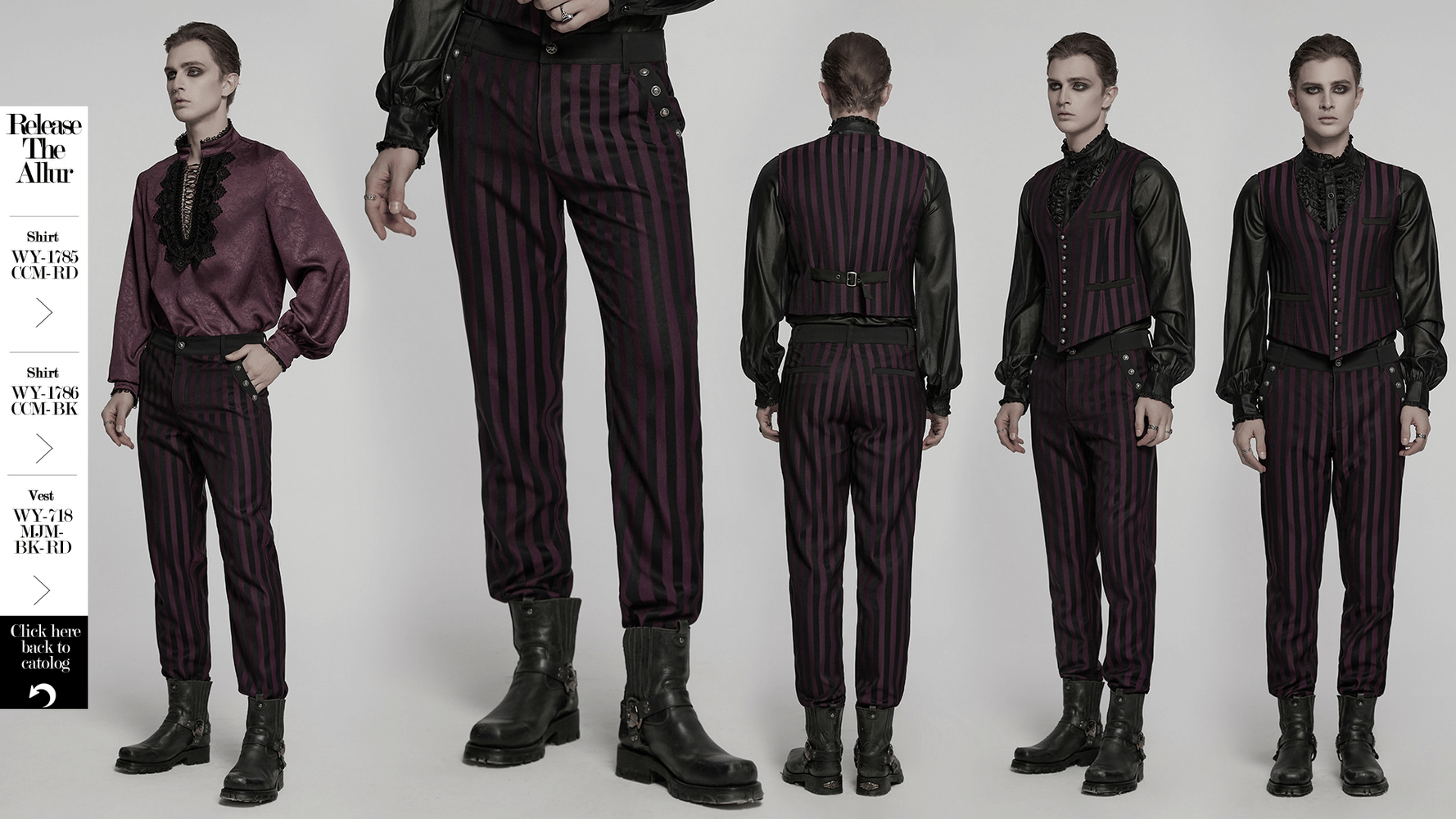 Stylish black and burgundy striped slim gothic trousers showcased on a model from multiple angles.