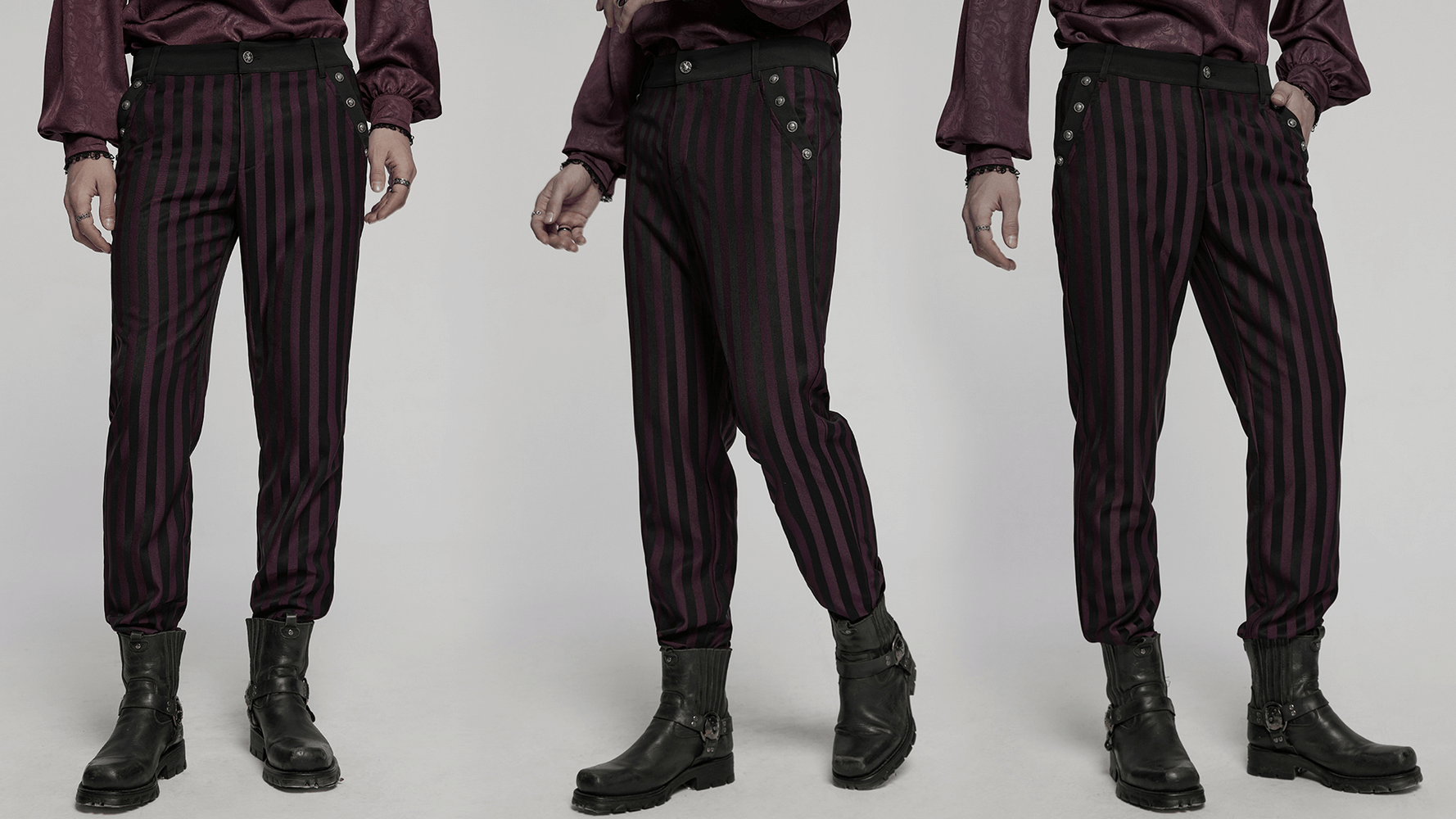 Stylish striped black and burgundy slim gothic trousers for a bold, edgy look. Perfect for fashion-forward outfits!