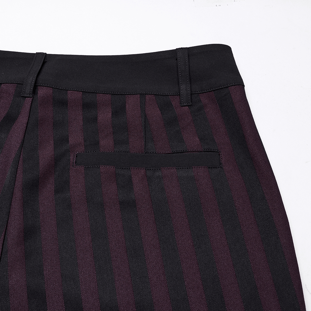 Back view of slim gothic trousers featuring black and burgundy stripes, perfect for a stylish gothic look.