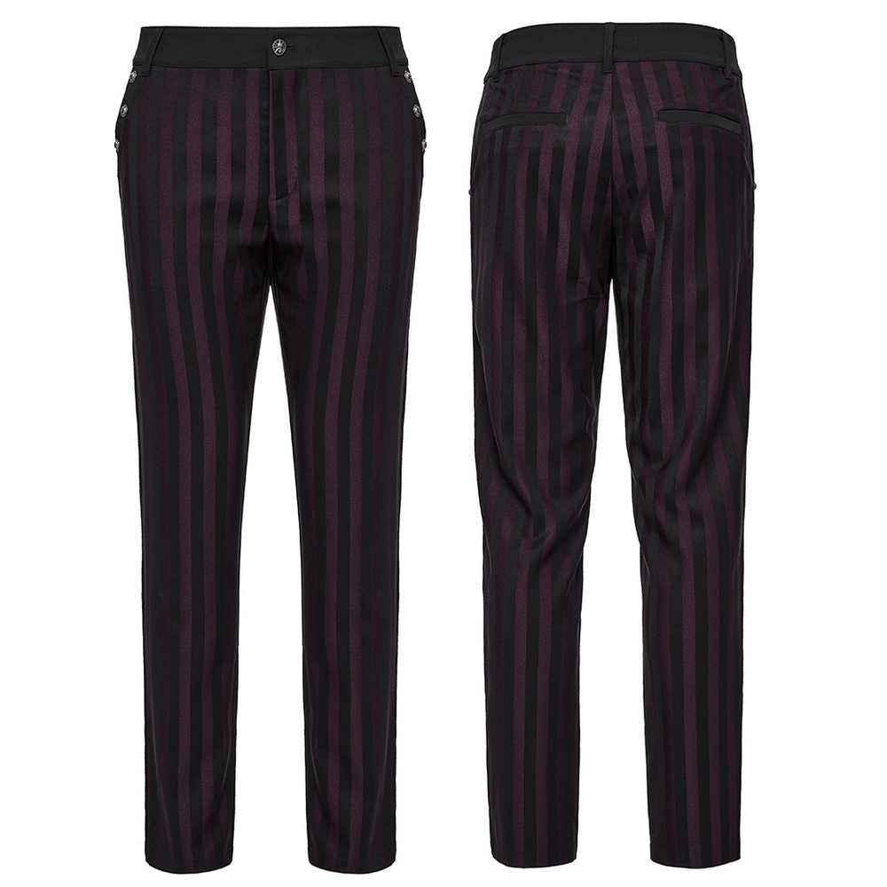 Gothic-inspired striped black and burgundy slim trousers, featuring a stylish design perfect for edgy fashion lovers.