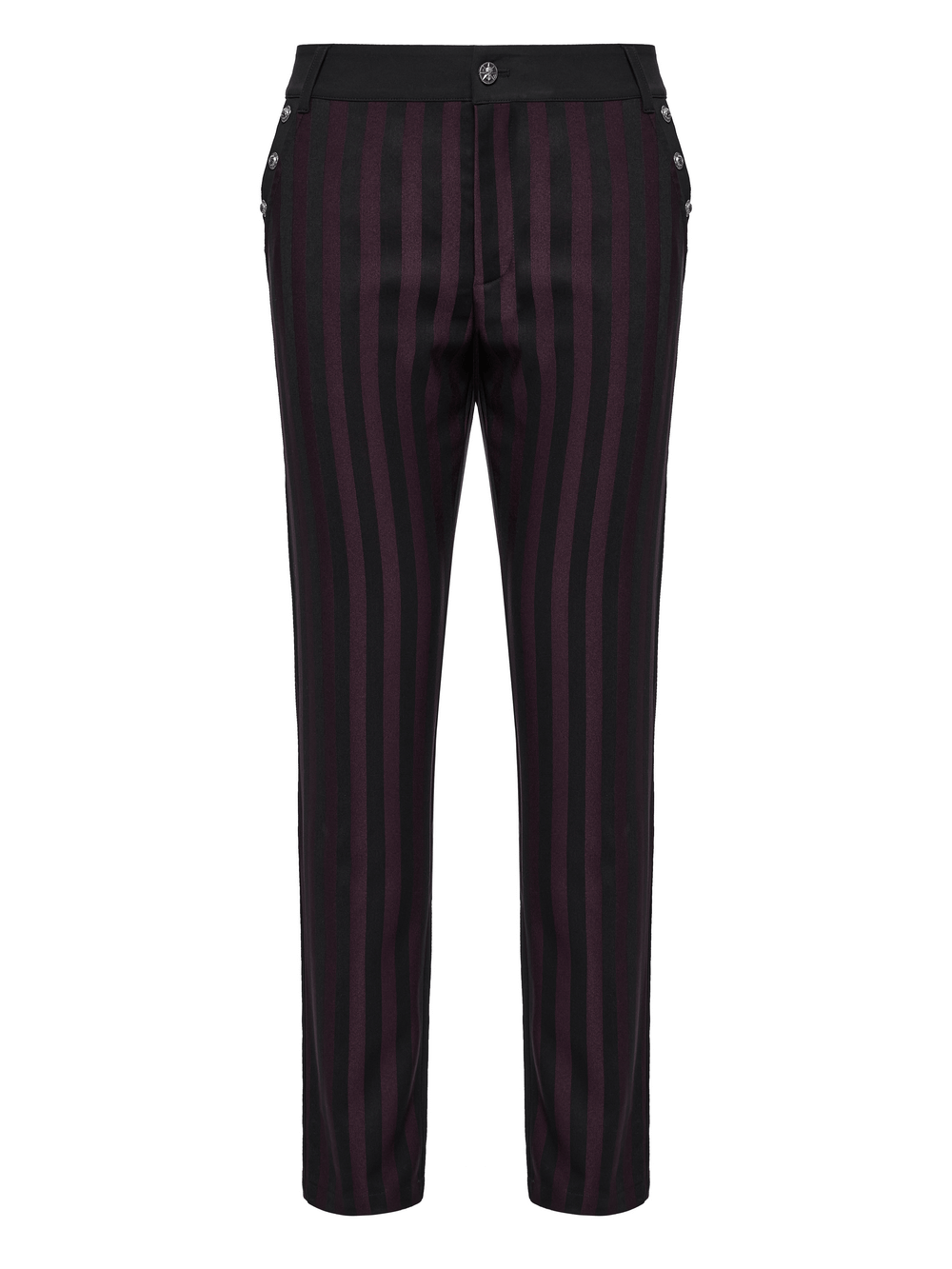 Striped black and burgundy slim gothic trousers perfect for a stylish, edgy look.