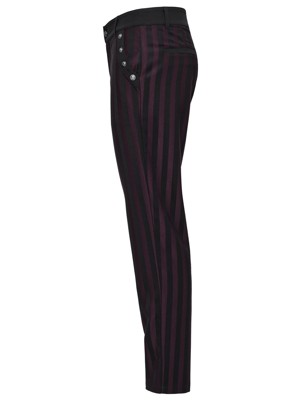 Striped black and burgundy slim gothic trousers featuring button details, perfect for a stylish edgy look.