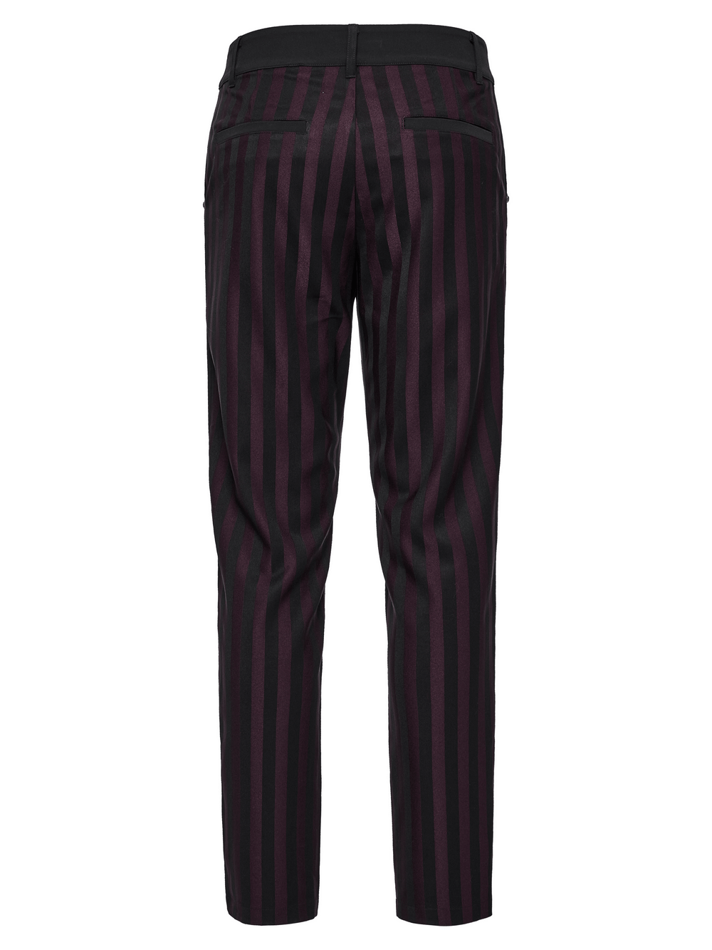 Back view of striped black and burgundy slim gothic trousers, perfect for a bold fashion statement.
