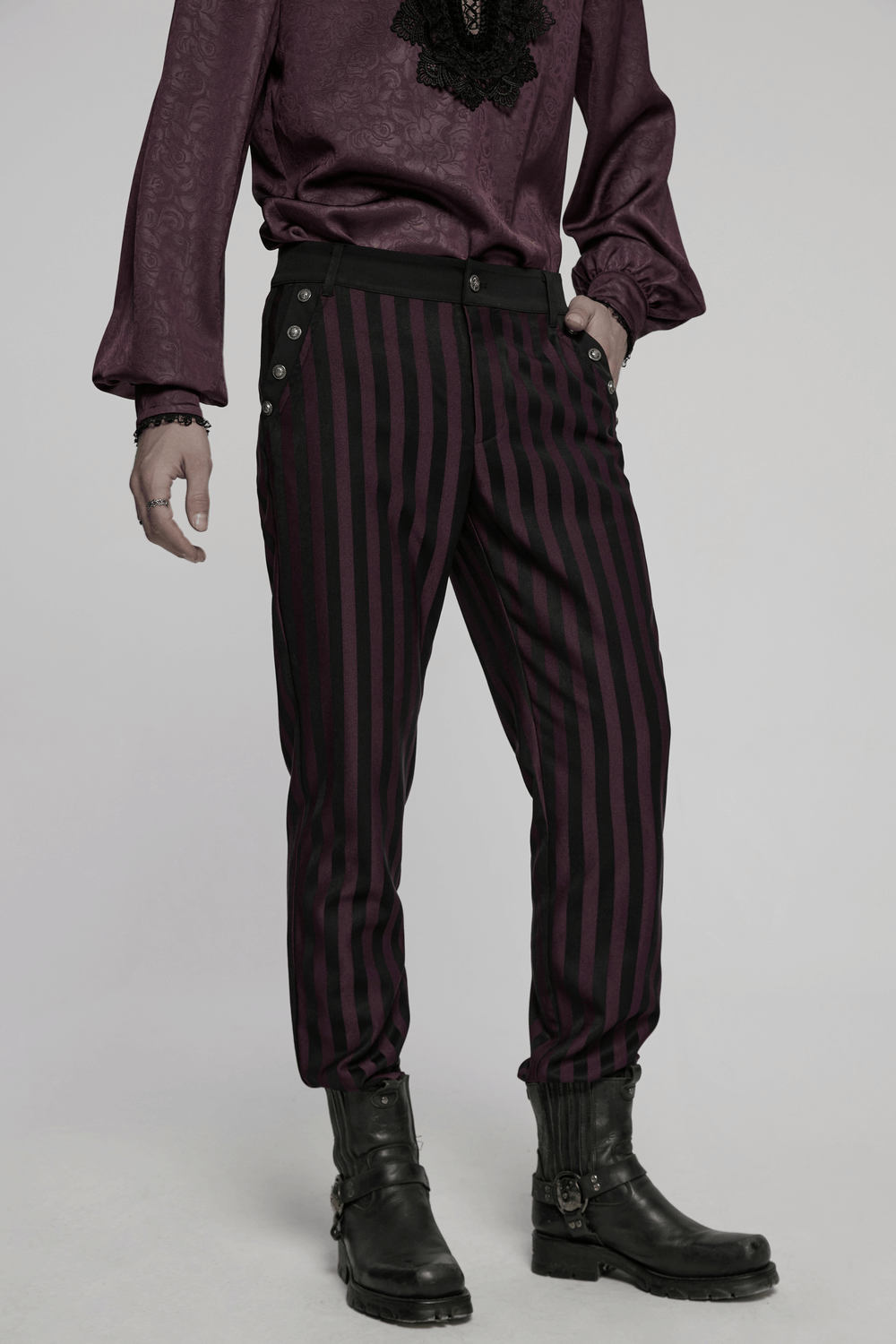 Striped black and burgundy slim gothic trousers, perfect for edgy fashion statements.