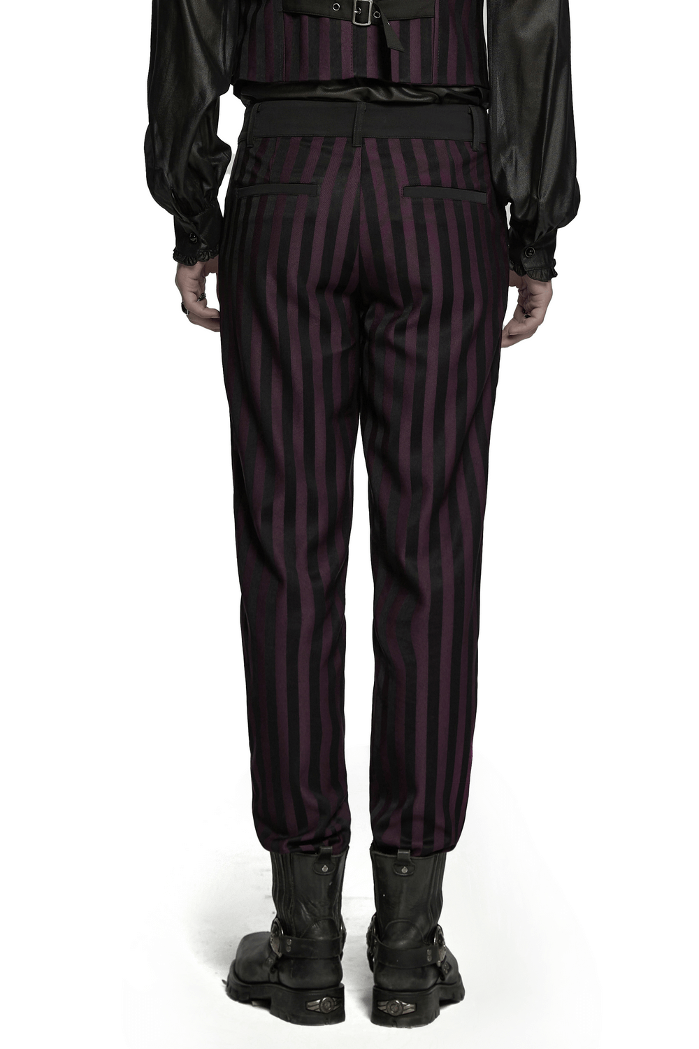 Back view of striped black and burgundy slim gothic trousers, perfect for a bold fashion statement.