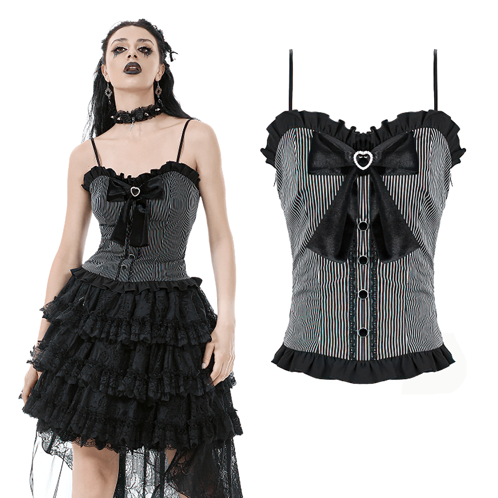 Chic black and white striped top with heart bow and lace-up back, stylish vintage-inspired design for alternative fashion.